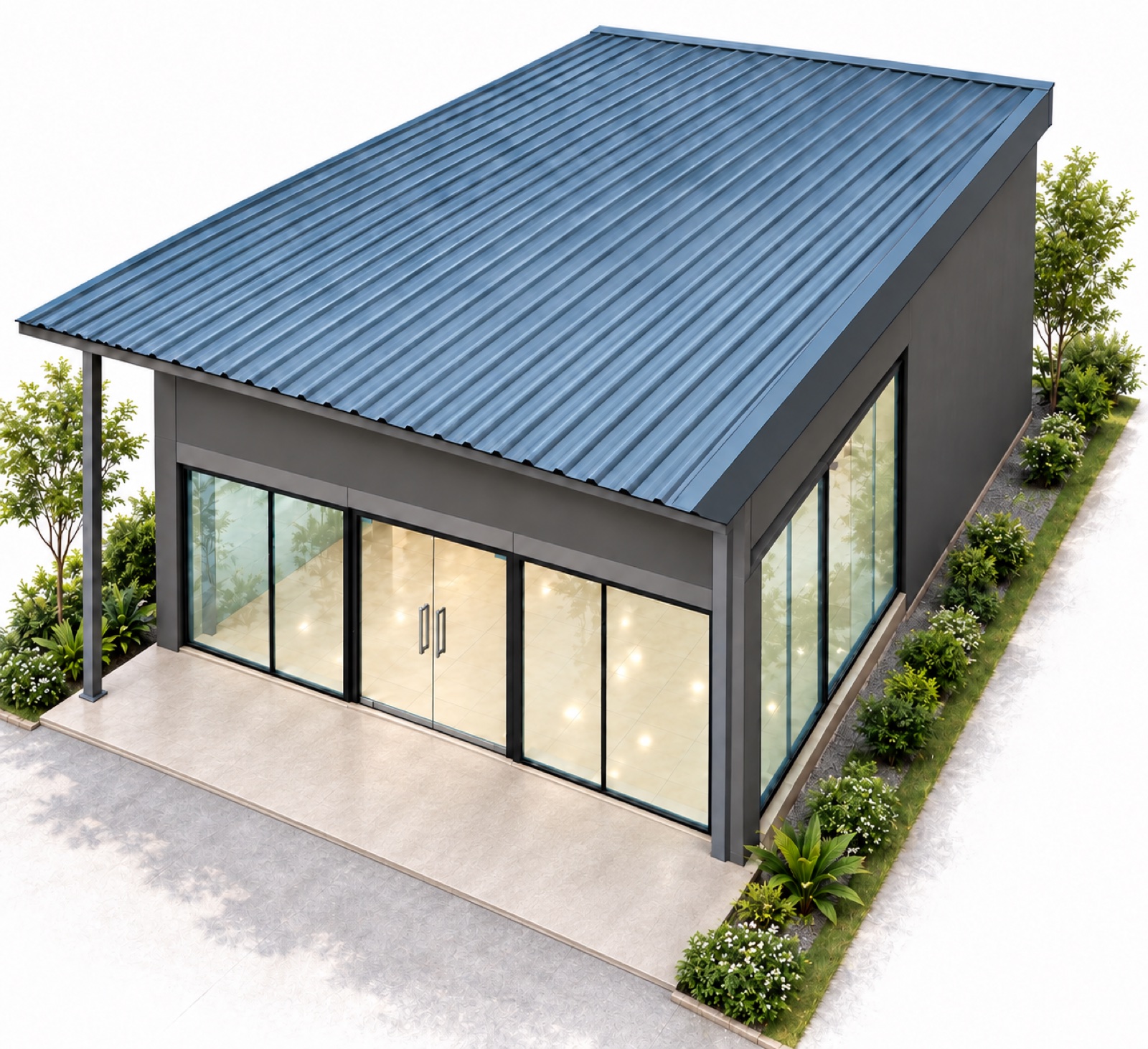 Angled architectural render of a commercial building surrounded by planting