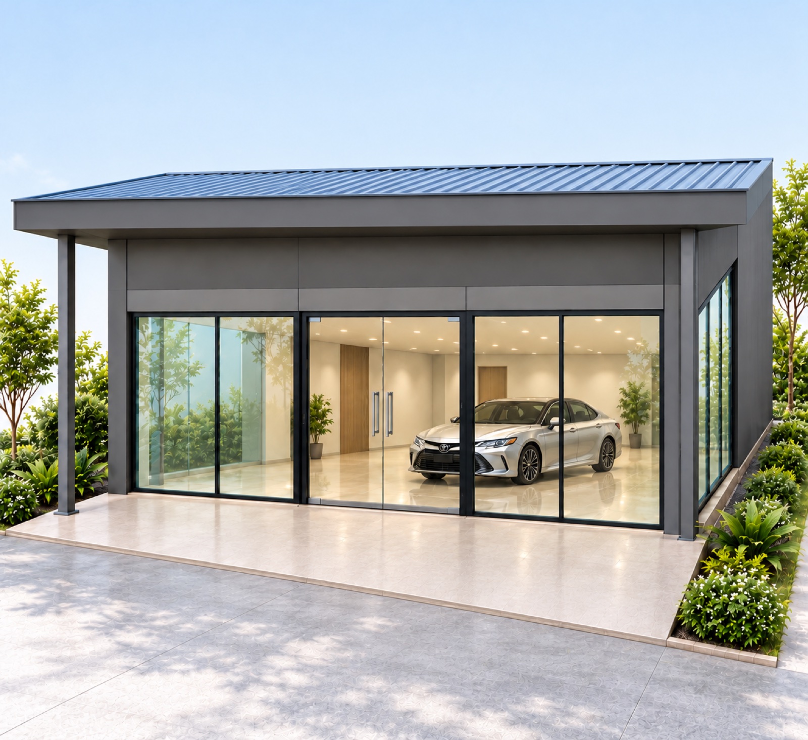 Commercial building visualization with glazed frontage and metal roof