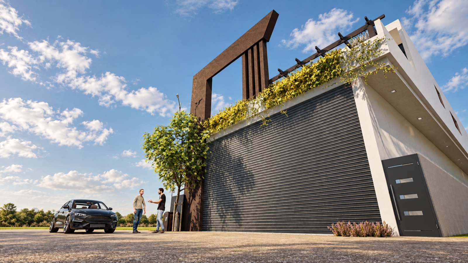 3D exterior rendering of a contemporary residential building with a planted facade