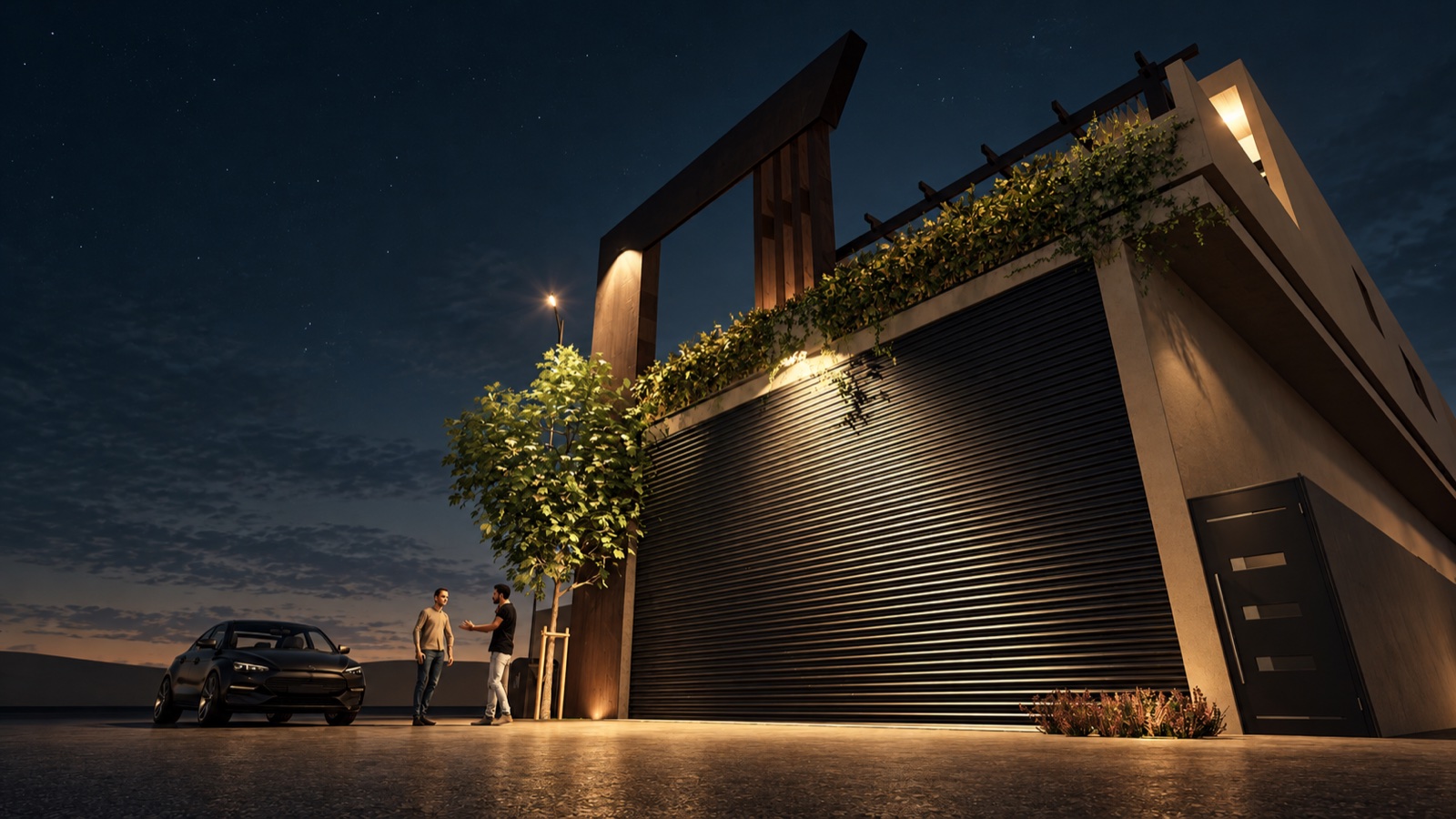 Evening exterior visualization of a contemporary residence
