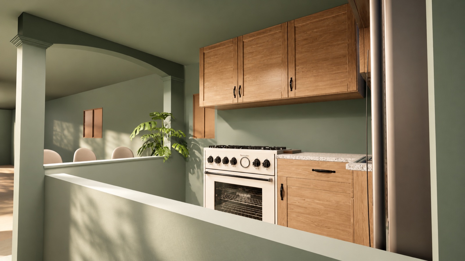 3D interior render of a warm, contemporary kitchen