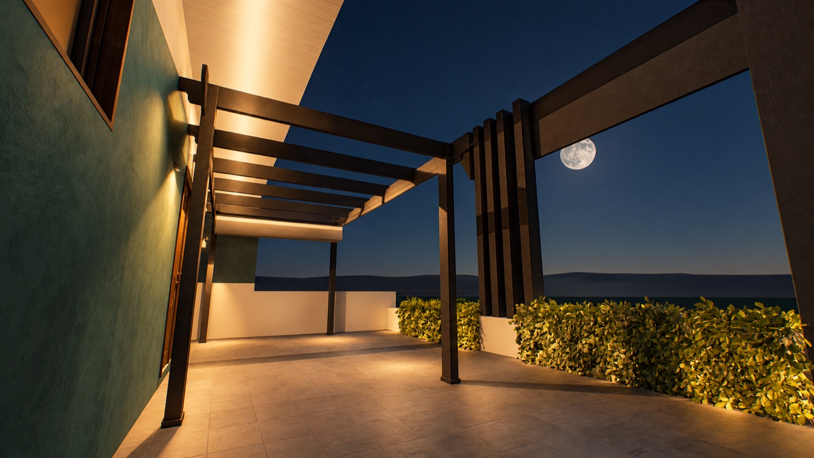 Night-time 3D render of a covered outdoor terrace