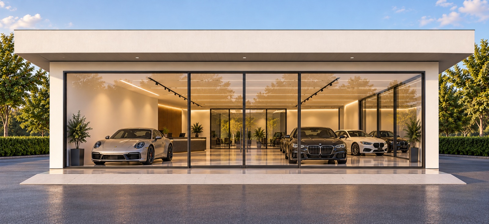 Angled view of a contemporary car showroom visualization