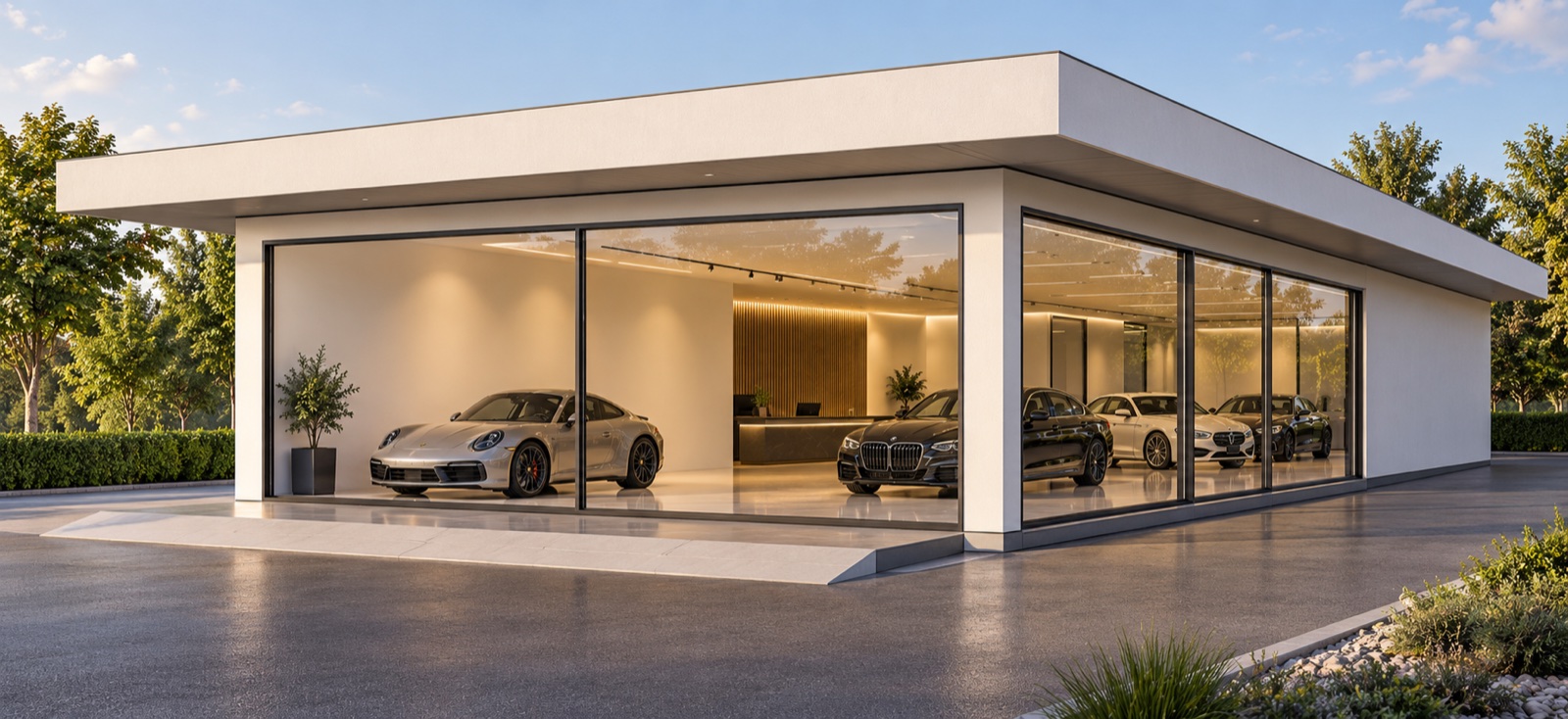 3D visualization of a contemporary glass-fronted car showroom